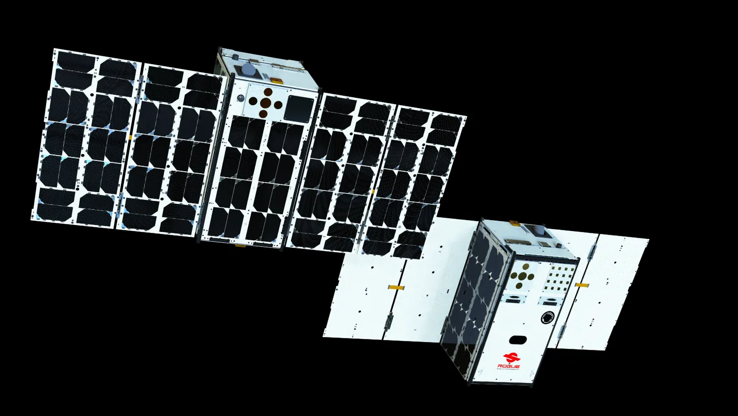 OTP-3 spacecraft — Rogue Space Systems Orbital Test Platform with deployed solar arrays in orbit