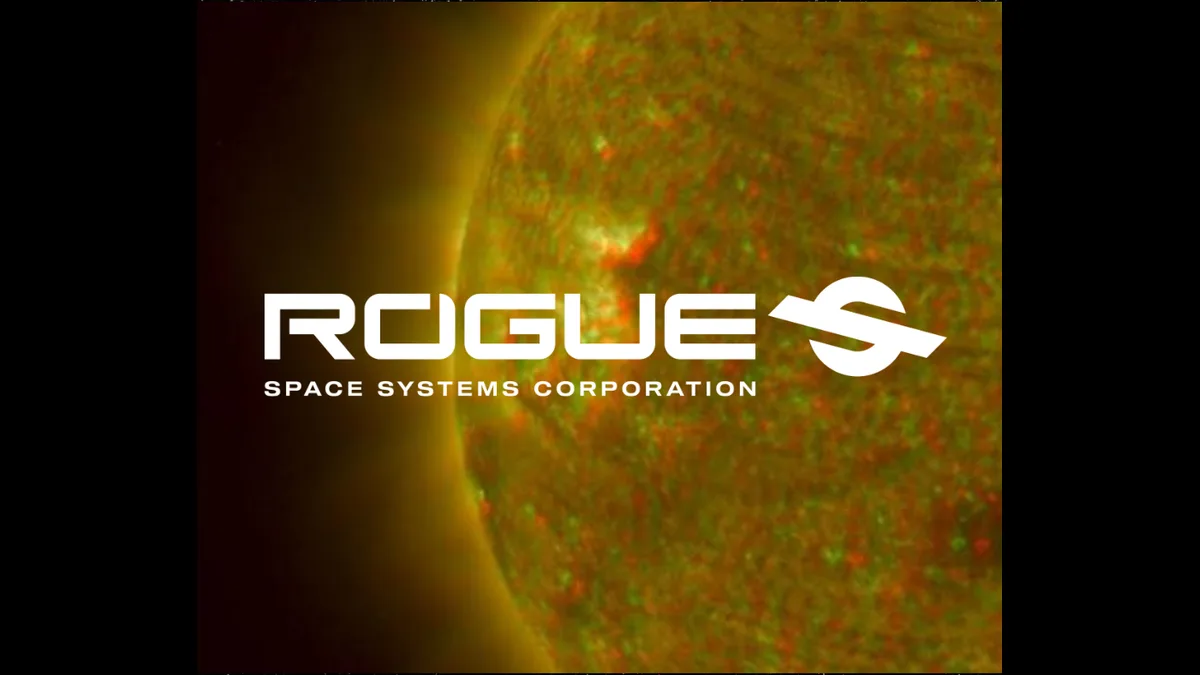 Rogue Space Systems Corporation logo over a solar image, representing Mission Space space-weather analytics on OTP-2B