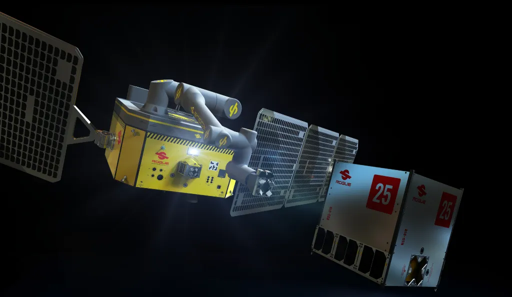 Rogue Orbot spacecraft with robotic arms maneuvering OrBlock cargo containers in orbit