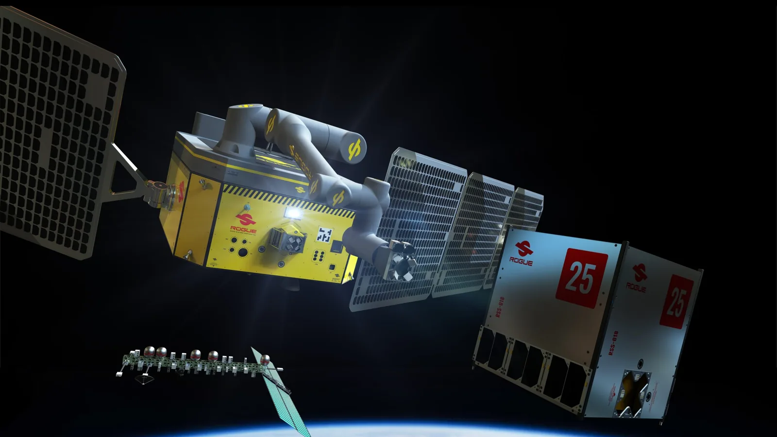Rogue Space Systems Orbot fleet and OrBlock containers in orbit above Earth