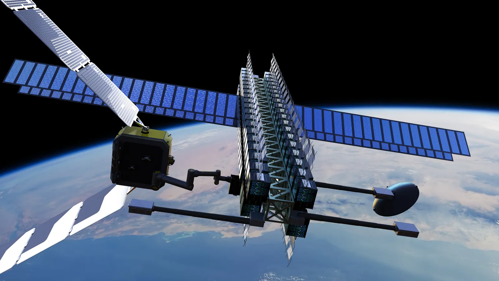 Rogue Waypoint in-space servicing vehicle carrying a modular payload rack in orbit above Earth